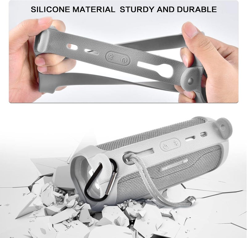 Comecase Silicone Case for JBL FLIP 6 Waterproof Portable Bluetooth Speaker, Gel Soft Skin Rubber Cover, Travel Carrying Storage Bag Pouch with Shoulder Strap and Carabiner - Grey - Image 3